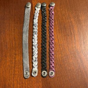Set of Four Braided Leather Bracelets in Pink, Black, White, and Silver